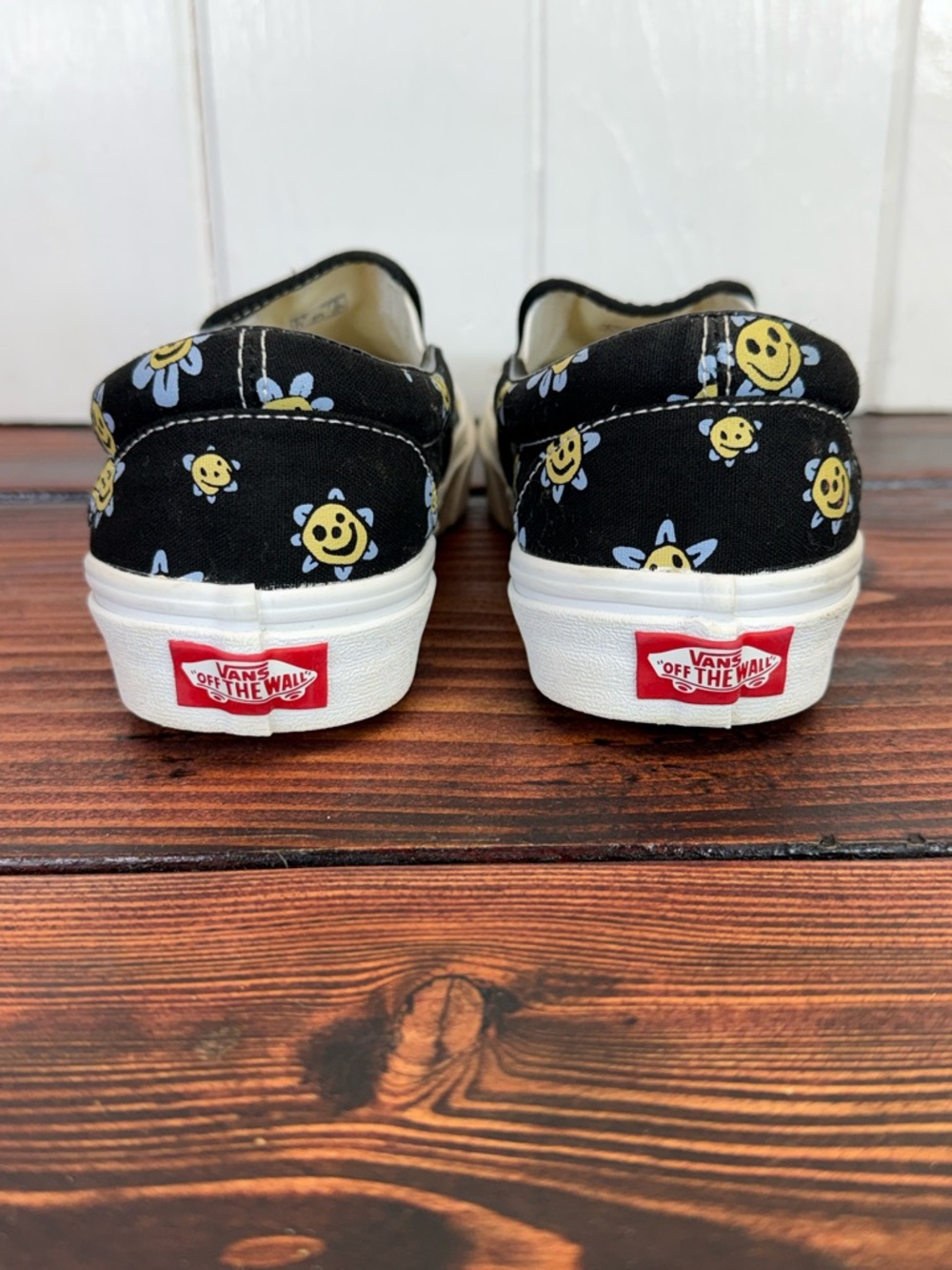 Vans Black Canvas Slip-On Sneakers with Yellow & Light Blue Smiley Flowers - Picture 6 of 8